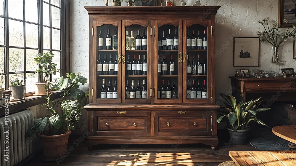 Antique-style wooden hutch wine cabinet, dark wood with brass accents, wine bottles displayed behind glass doors, surrounded by rustic vintage decor, soft sunlight streaming through windows, Antique-style wooden hutch wine cabinet, dark wood with brass accents, wine bottles displayed behind glass doors, surrounded by rustic vintage decor, soft sunlight streaming through windows,