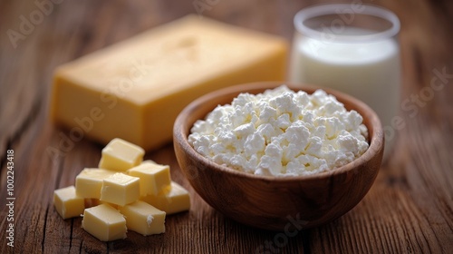 Freshly made cottage cheese and milk in rustic bowls on a wooden table