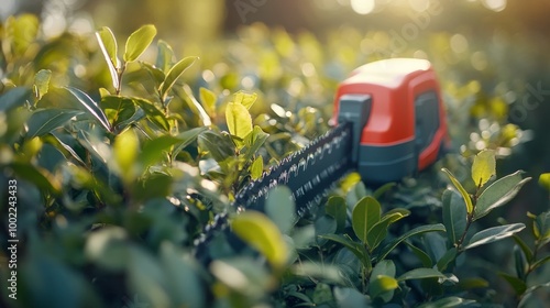 Cutting through lush green foliage with a hedge trimmer in the late afternoon...