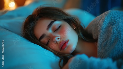 A young woman peacefully sleeping in a cozy bedroom at night with soft blue l...