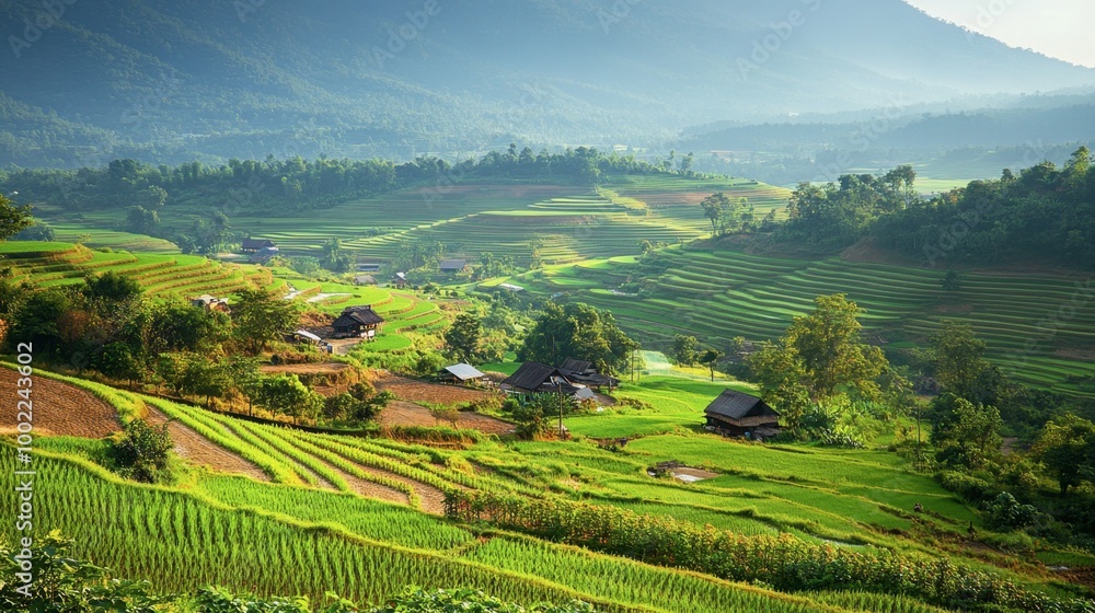 Fototapeta premium A view of the Chiang Mai countryside, with fields of rice paddies and small villages nestled in the valley.