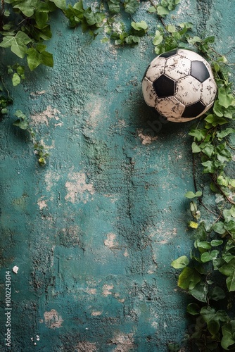 Old black and white soccer ball resting on vibrant green grass against a blue...