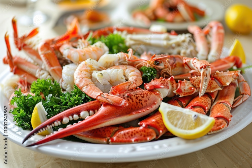 A platter of fresh seafood including shrimp, crab legs, and lobster A platter of fresh seafood including shrimp, crab legs, and lobster