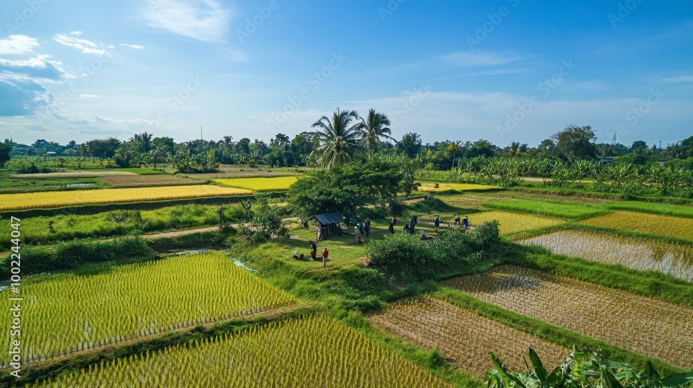 Aerial view of a lush rice paddy in Roi Et, with farmers working in the fields under a bright blue sky. Aerial view of a lush rice paddy in Roi Et, with farmers working in the fields under a bright blue sky.