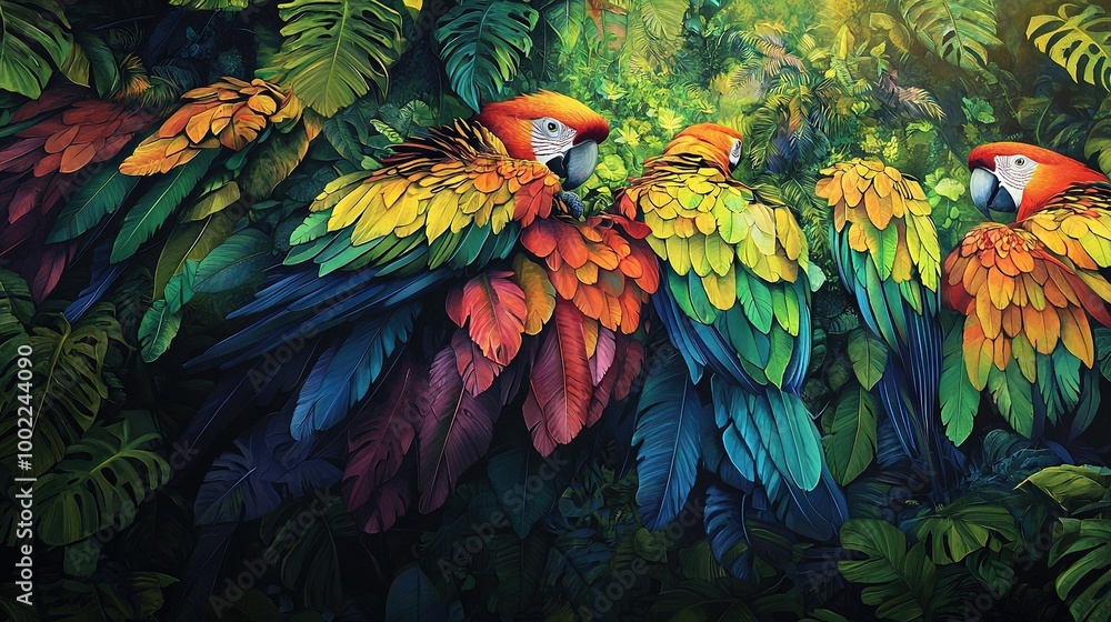 Obraz premium Painting of vibrant parrots perched on tree branches amidst a lush forest of green, yellow, and red foliage
