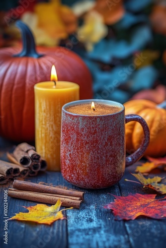 Cozy autumn scene with a pumpkin, candle, cinnamon sticks, and autumn leaves