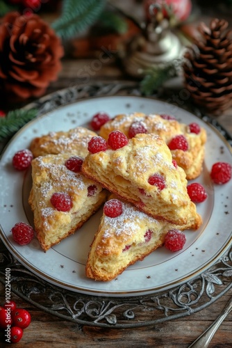 Freshly baked scones dusted with powdered sugar on a rustic wooden table