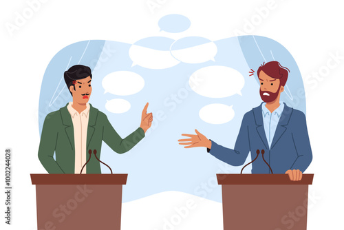 Political debate between two male candidates for senator or president standing behind podium. Political debate before adoption of socially important law on migration or environmental issues