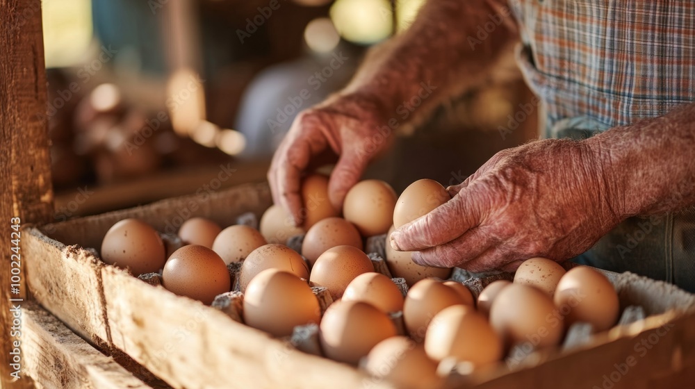Close-up of a farmer gathering eggs from nesting boxes in a spacious chicken coop Close-up of a farmer gathering eggs from nesting boxes in a spacious chicken coop