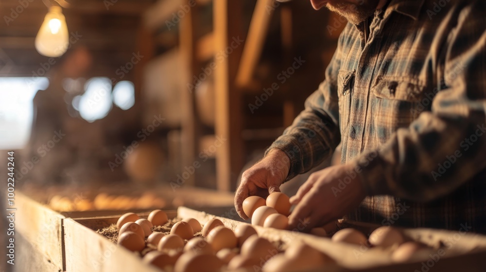 Close-up of a farmer gathering eggs from nesting boxes in a spacious chicken coop Close-up of a farmer gathering eggs from nesting boxes in a spacious chicken coop