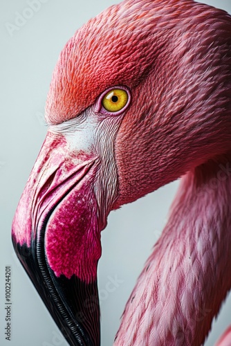 Close-up of a flamingo's head showcasing vibrant pink feathers and striking e...