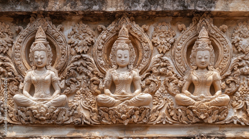 Close-up of intricate carvings on the walls of Wat Pha Nam Yoi, showcasing the temple artistry. Close-up of intricate carvings on the walls of Wat Pha Nam Yoi, showcasing the temple artistry.