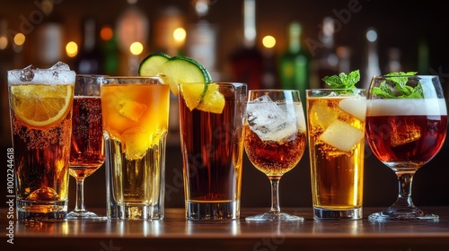 A variety of refreshing cocktails presented on a bar counter during a vibrant...