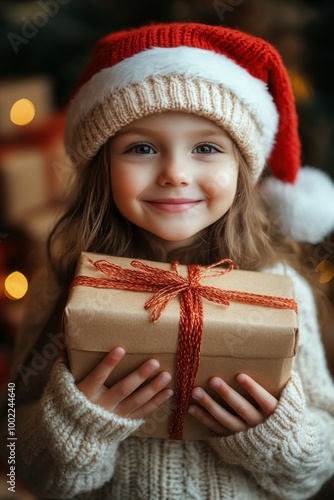 Young girl in a festive santa hat joyfully holding a beautifully wrapped gift...
