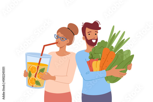 Vegan man and woman are passionate about raw food diet, and keep fresh juice or organic vegetables. Two vegans or vegetarians enjoying life and taste of healthy, fat-free ingredients