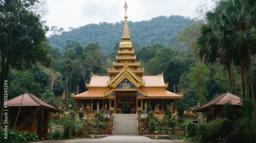 The beautiful architecture of Wat Pha Nam Yoi, with its golden spire towering above the surrounding forest. The beautiful architecture of Wat Pha Nam Yoi, with its golden spire towering above the surrounding forest.