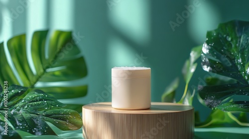 Natural skincare product displayed on a bamboo stand surrounded by lush green...