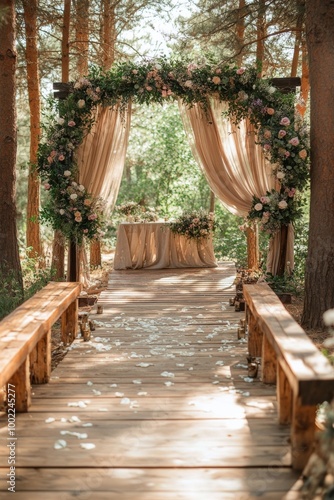 Beautiful outdoor wedding ceremony setup with floral arch and wooden walkway ...