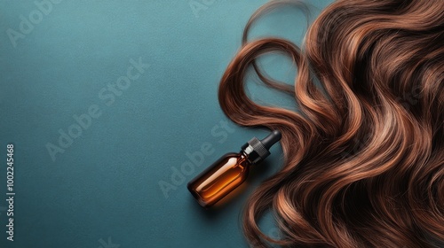 Woman with long hair holds a dropper bottle against a blue background