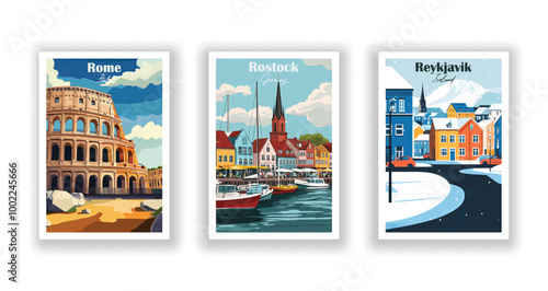 Reykjavik, Iceland. Rome, Italy. Rostock, Germany - Vintage travel poster. Vector illustration. High quality prints