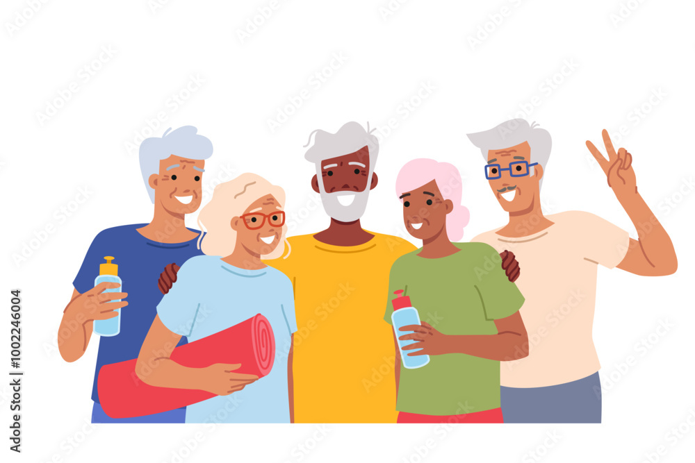 Elderly people with sports equipment for fitness or running and yoga outdoors, posing for group portrait. Active retirees go in for sports after retirement to maintain health and well-being