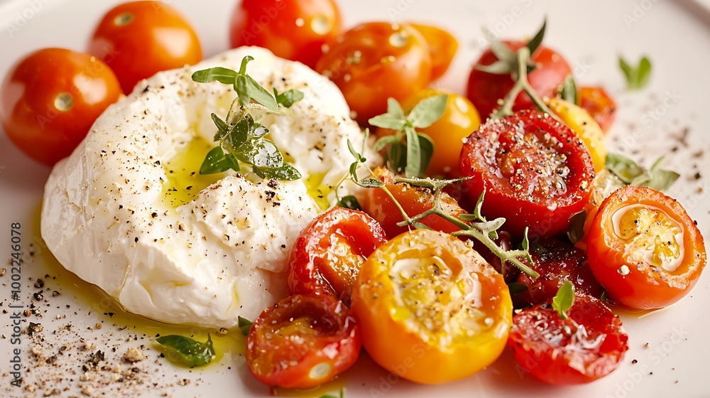 Burrata Cheese with Roasted Tomatoes and Herbs on a White Plate Burrata Cheese with Roasted Tomatoes and Herbs on a White Plate