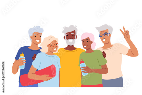 Obraz na płótnie Elderly people with sports equipment for fitness or running and yoga outdoors, posing for group portrait. Active retirees go in for sports after retirement to maintain health and well-being w salonie