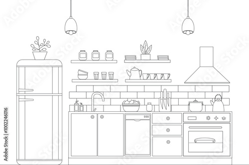 Kitchen furniture. Vector illustration in line art style. Kitchen appliances contour.