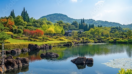 The beautiful scenery of Jeju Island's Hallim Park, showcasing various gardens and natural wonders. photo