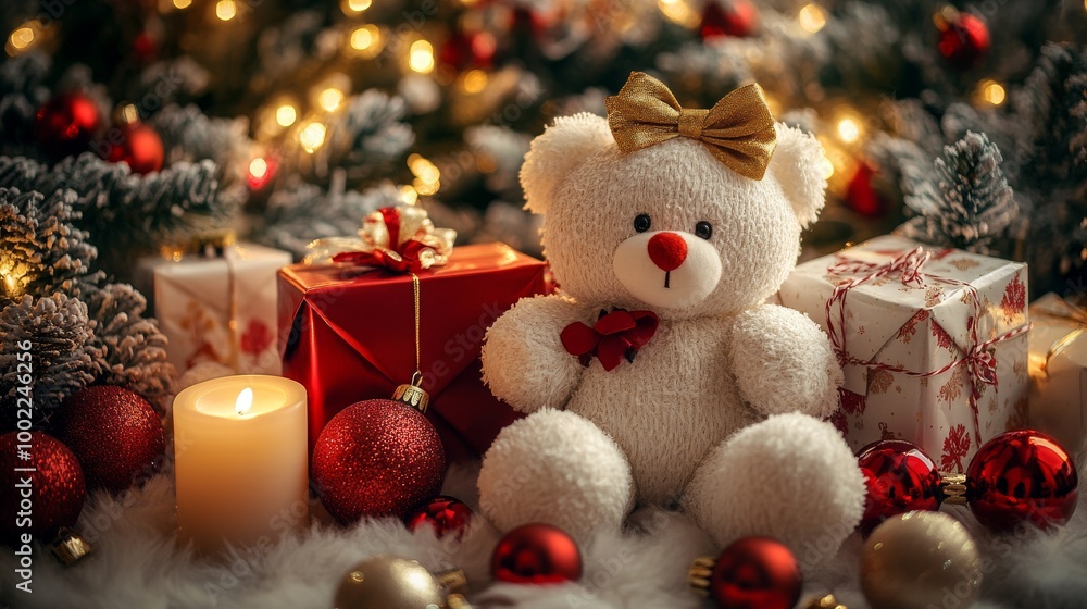 Warm Christmas background with soft plush toy