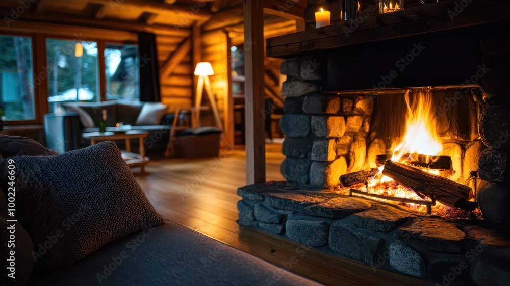 A cozy cabin interior featuring a warm fire, comfortable seating, and natural wood elements, creating a peaceful and inviting atmosphere. A cozy cabin interior featuring a warm fire, comfortable seating, and natural wood elements, creating a peaceful and inviting atmosphere.