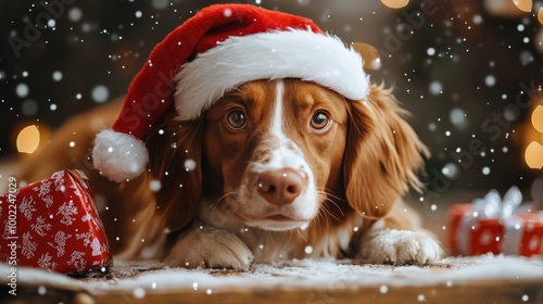 Festive dog wearing a Santa hat surrounded by Christmas gifts and falling sno...