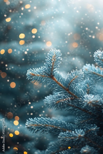Close-up of frosty blue fir tree branches adorned with delicate snowflakes in...