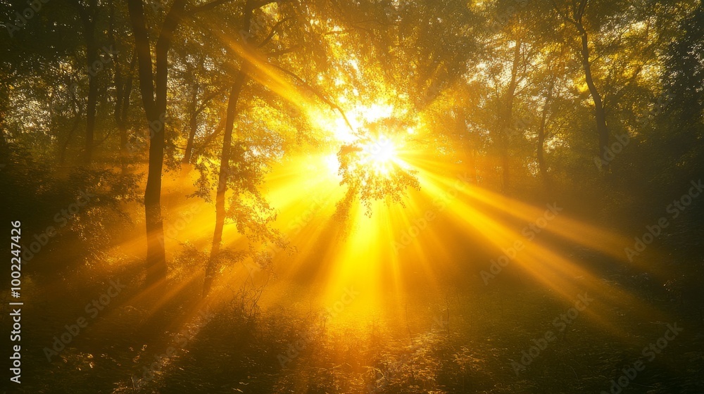 Golden Sunbeams Piercing Through a Foggy Forest Golden Sunbeams Piercing Through a Foggy Forest