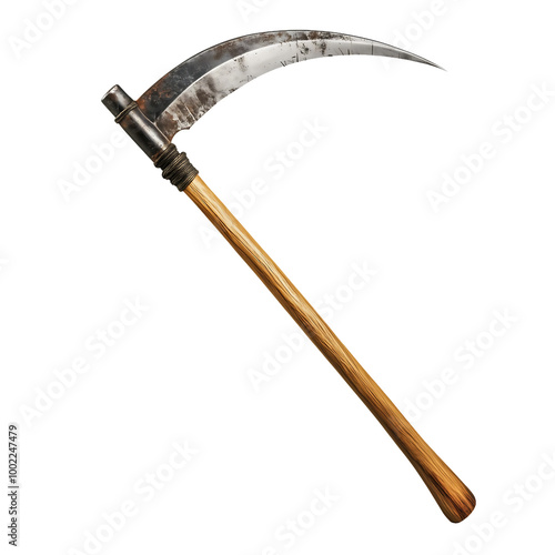 a reaper's scythe with a long curved blade and wooden handle isolated on white background
