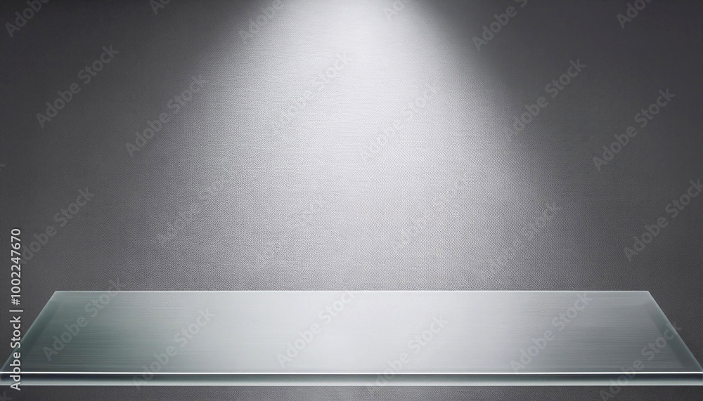Clear glass countertop with a bare shelf. Kitchen counter with spot light on a gray background. The surface of the bar desk in front Clear glass countertop with a bare shelf. Kitchen counter with spot light on a gray background. The surface of the bar desk in front