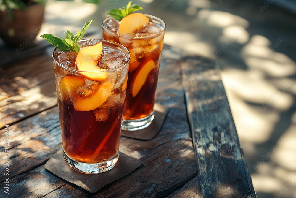 Refreshing Peach Iced Tea with Mint in Tall Glasses on Wooden Table - Photo Refreshing Peach Iced Tea with Mint in Tall Glasses on Wooden Table - Photo