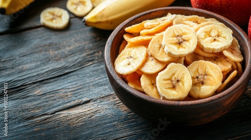 Dried banana slices in a wooden bowl surrounded by fresh fruit on a rustic table
