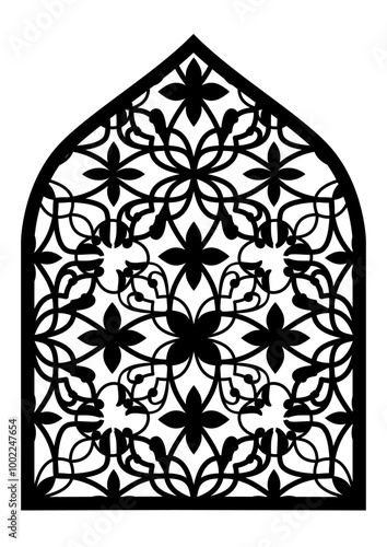 Monochrome arch shape Traditional Indian Mughal door, window with geometric arabesque pattern, silhouette Indian arch. Mughal paisley abstract ikat. Decorative Grille Ideas, Jali, Wall Separator.  