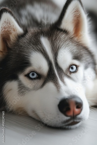 Grey and white husky with blue eyes resting indoors in bright natural light