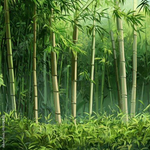 Lush bamboo forest with vibrant greenery and tall bamboo stalks creates a serene and tranquil atmosphere.