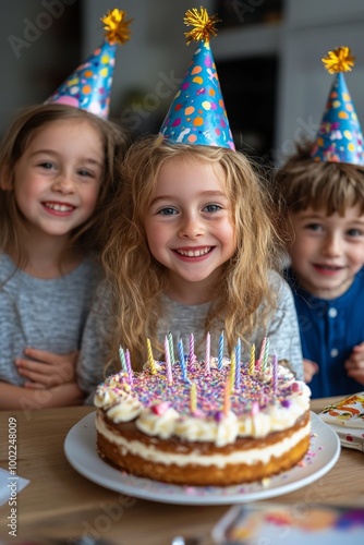 Children celebrate a birthday with a cake adorned with candles in a cozy indo...