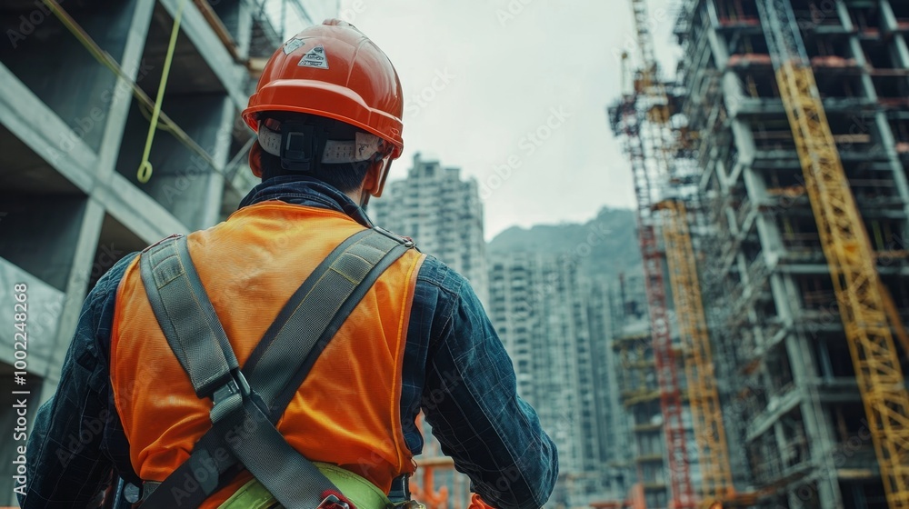 Detailed view of a construction worker safety harness and helmet, working at height with safety nets and barriers visible Detailed view of a construction worker safety harness and helmet, working at height with safety nets and barriers visible