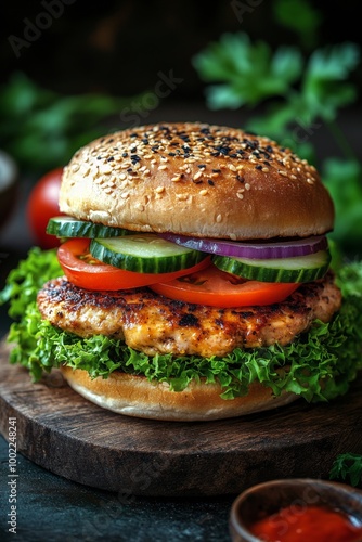 Delicious grilled chicken burger with fresh vegetables on a wooden board