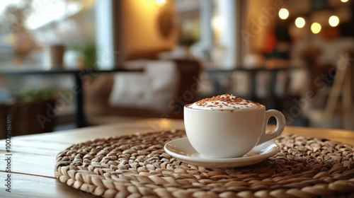 Beautiful latte art in a white cup on a wooden table in a cozy cafe