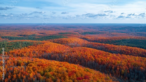 Vibrant autumn foliage in a dense forest with colorful red, orange, and yello...