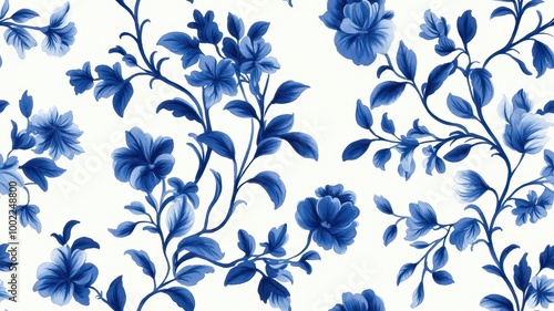 A delicate blue floral pattern on a white background, showcasing intricate leaves and flowers in a classic design.