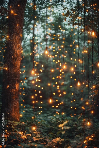 Festive Halloween decorations with glowing jack-o'-lantern lights on a dark e...