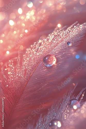 Dewdrop resting on a delicate feather with soft bokeh background in warm tones
