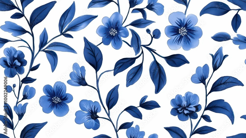 Fototapeta premium A delicate floral pattern featuring blue blooms and green leaves on a white background.